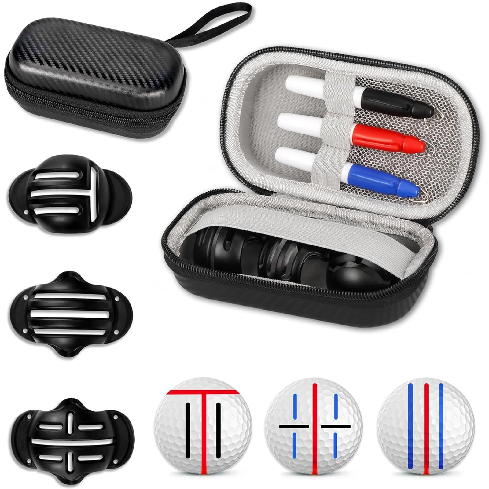 NIFUYOP Golf Ball Line Marker Tool 3 Golf Ball Marker Stencils and 3 Color Golf Ball Line Markers Golf Ball Alignment Marking Tool Golf Ball Stencil with Compact Case Easy to Carry Golf Ball Marker