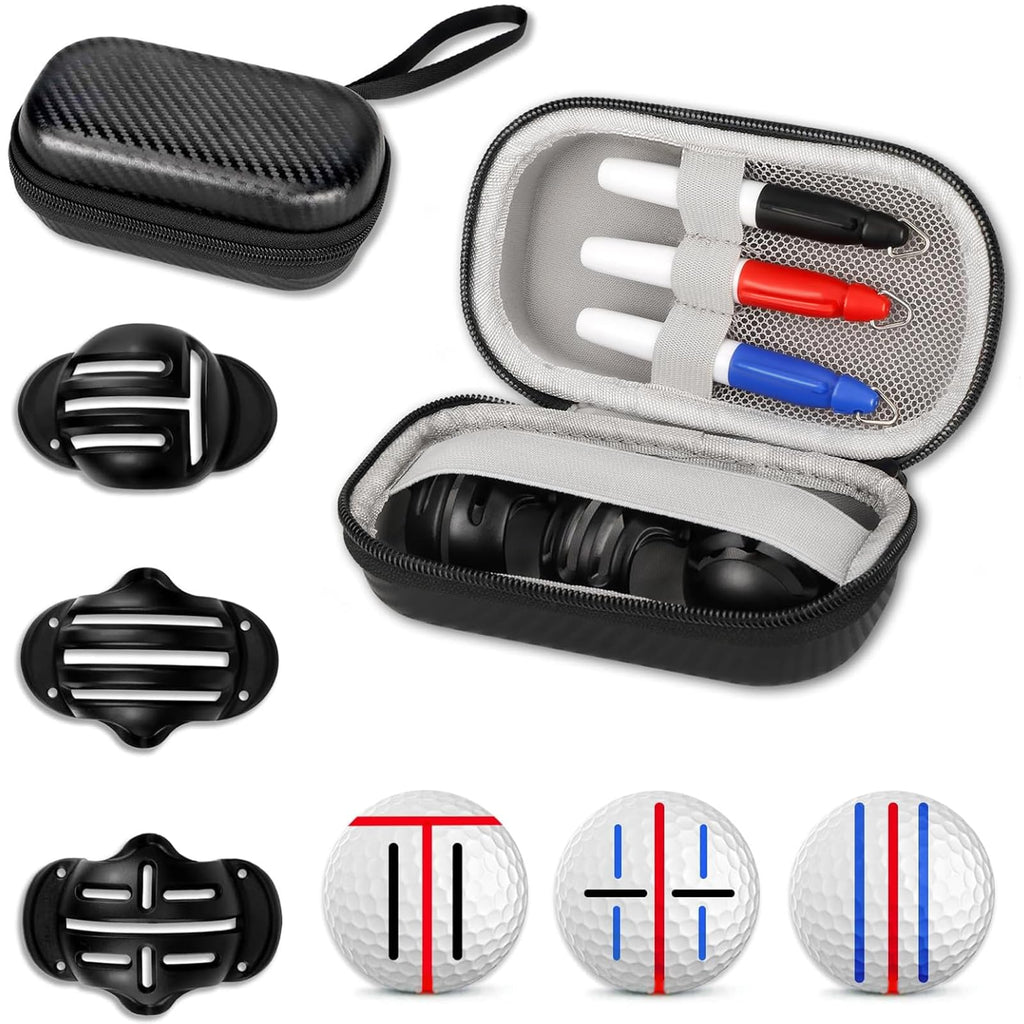 NIFUYOP Golf Ball Line Marker Tool 3 Golf Ball Marker Stencils and 3 Color Golf Ball Line Markers Golf Ball Alignment Marking Tool Golf Ball Stencil with Compact Case Easy to Carry Golf Ball Marker